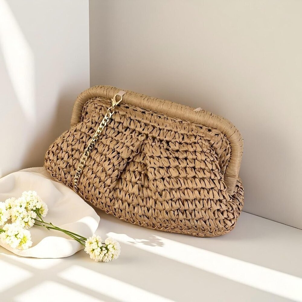 Women Straw Purse Beach Bag Woven Clutch Crossbody Shoulder Spring Handbag - Picture 3 of 6